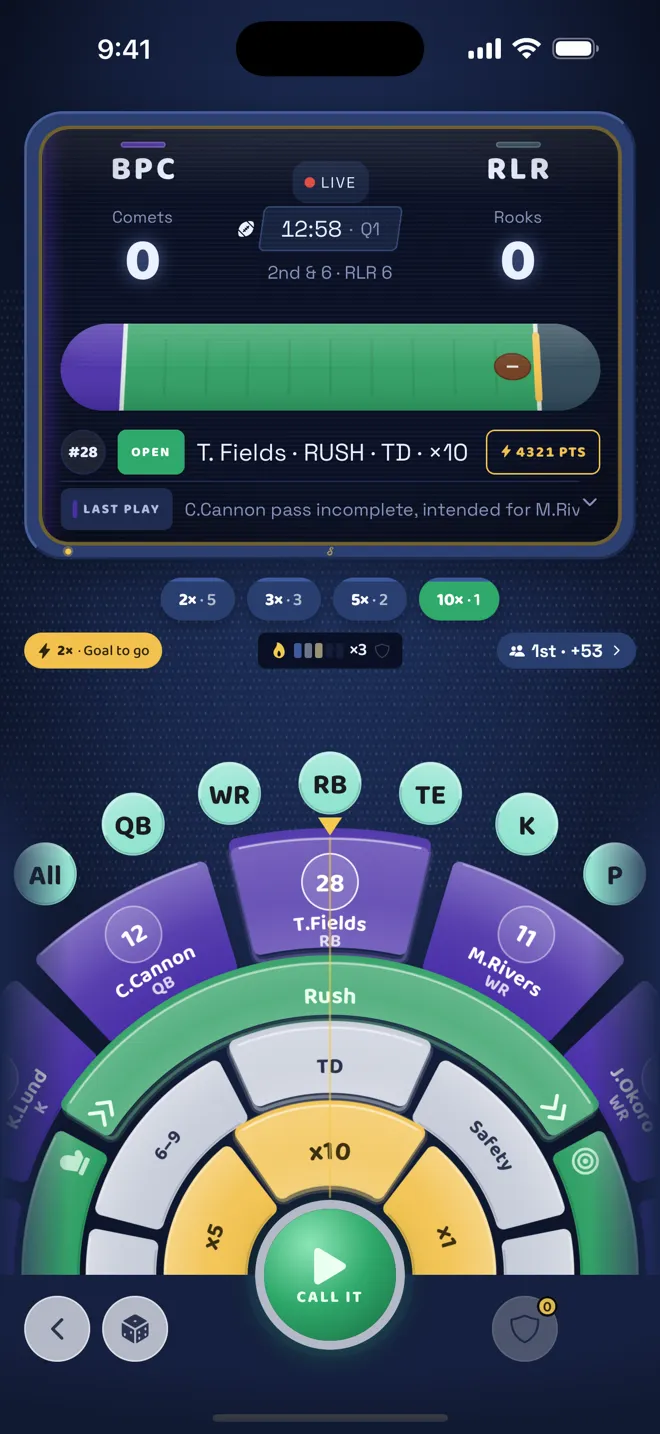 The Scramble app with a call dialed in on the wheel — running back, rush, touchdown, ×10 — and the Call It button waiting.