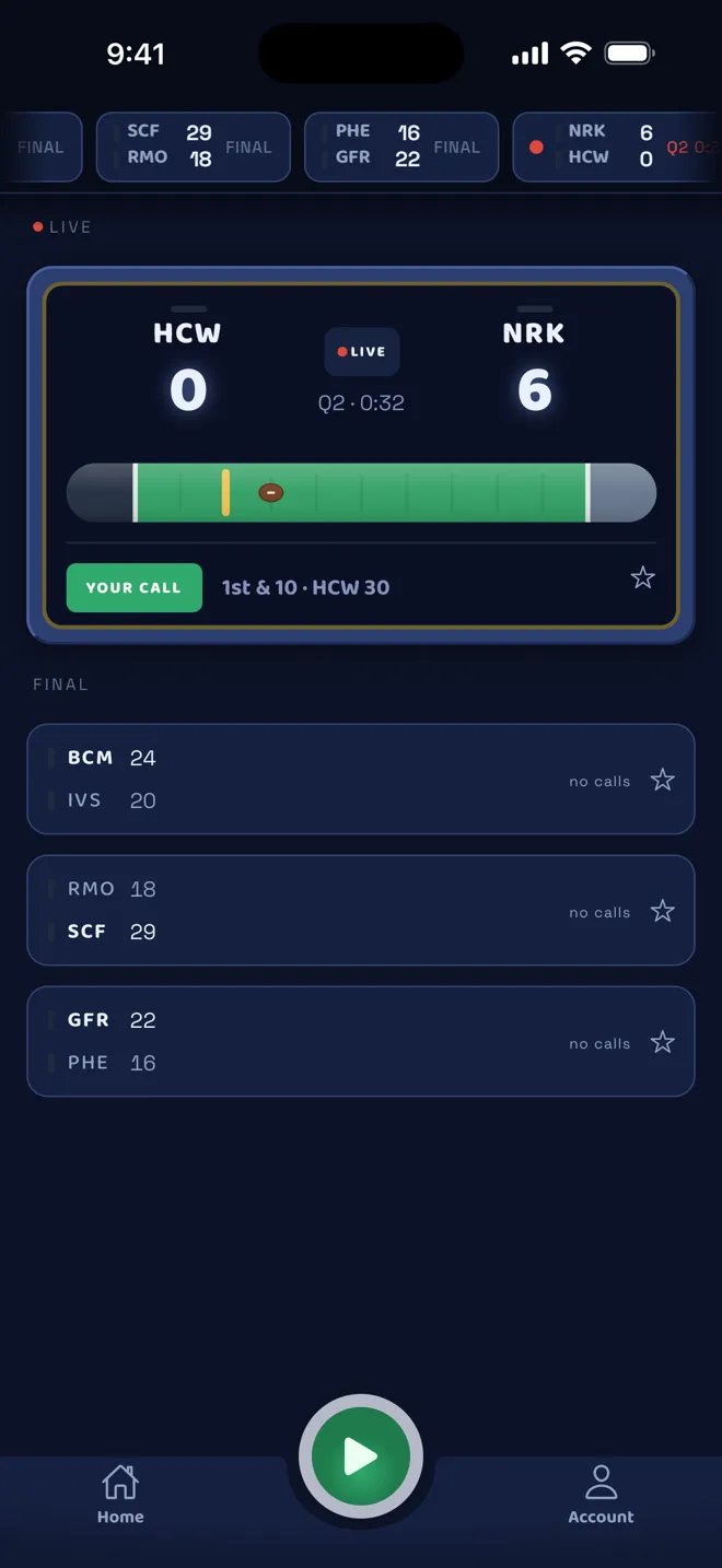 The Scramble games list: one live game with your call open, and the day's finals below it.